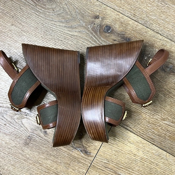 Tory Burch Olive Canvas & Brown Leather Wedge Sandals 7M - Picture 4 of 9
